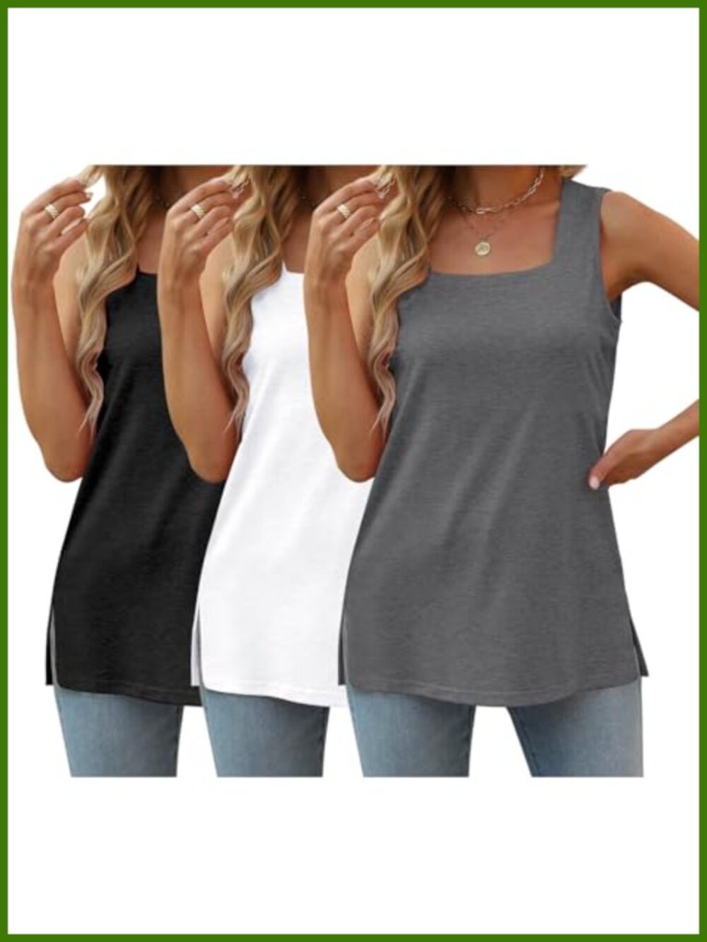Plus Size Square Neck Tank Tops 3 Pack Sleeveless Side Slit Summer Tops
